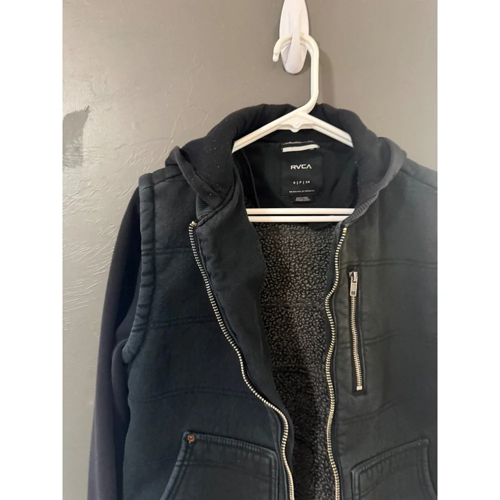 RVCA Mens Hooded Sherpa Lined‎ Jacket Black Canvas Fleece Full Zip Small